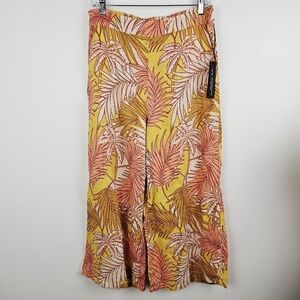 Tahari Tropical Floral Cropped Linen Wide Leg Pants NWT